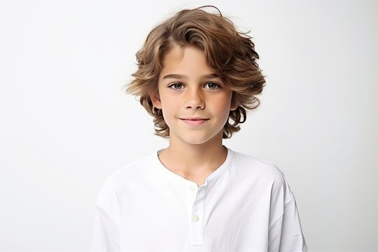 Portrait of a cute young boy with curly hair on white background