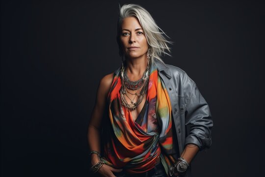 Portrait of a beautiful woman with short blond hair and multicolored scarf