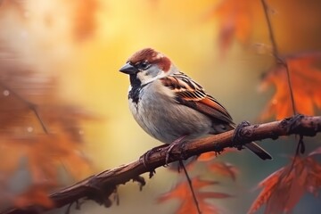 World Sparrow day A sparrow in a tree branch, Generative ai - obrazy, fototapety, plakaty
