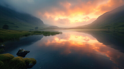 Lake's Tranquil Sunset: A beautiful evening landscape with calm waters, reflecting the vibrant...