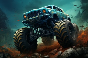 Powerful Monster truck giant. Extreme speed motor event race. Generate Ai