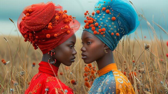 An Intimate Moment Between Two African Women Adorned in Floral headwraps - Symphony of Color and Culture