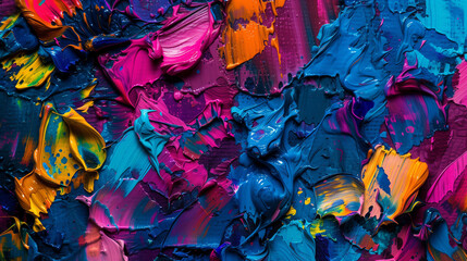 Close-up view of a vibrant, multicolored abstract painting featuring thick layers of paint and textured brushstrokes. Background, backdrop, wallpaper.