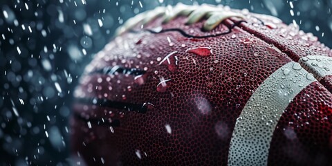 Raindrops dance on leather: a football close-up