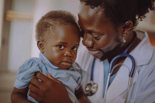 African american pediatrician with stethoscope examining a little boy