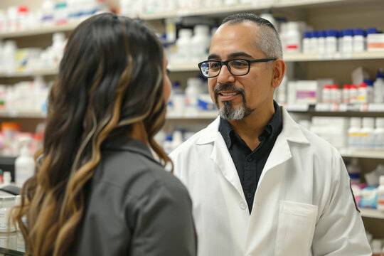 Mature male pharmacist working with female customer in drugstore. Mature man in white coat and eyeglasses standing in drugstore. Pharmacy concept