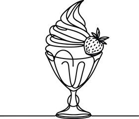 sundae ice cream in continuous line drawing minimalist style, food illustration.