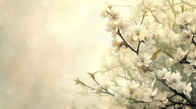 A close-up view of a tree covered with delicate white flowers in bloom. Easter theme. Banner, copy space. Backdrop. Card.