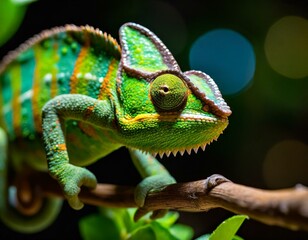 A dynaDepict a chameleon clinging to a branch, its skin blending seamlessly