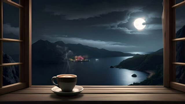 Savor a cup of coffee as the full moon bathes the dark mountains in its light, seen through the window &ndash; a captivating scene in a seamlessly looping time-lapse animation video background by AI.