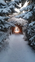 Snowy Pathway Flanked by Trees at Twilight