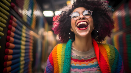 Excited Woman Wearing Rainbow Cardigan - obrazy, fototapety, plakaty