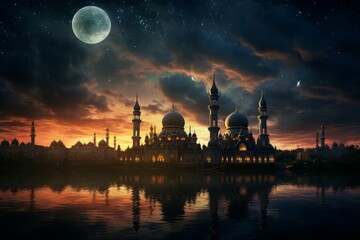 Mosque evening sky. Night moon light. Generate Ai