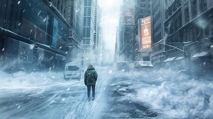 A person walking down the street in a city during a snowstorm. 