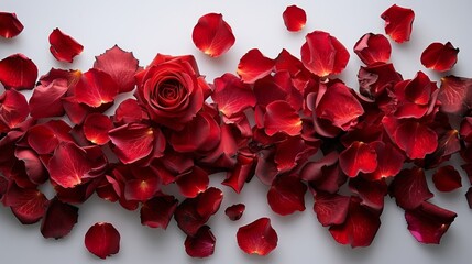 Red roses and red rose petals on a plain background. 