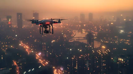 Papier Peint photo Lavable Cappuccino Aerial view of a drone hovering over an urban landscape during sunset