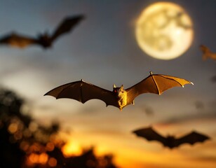 A nocturnal scene with bats flying against a moonlit sky
