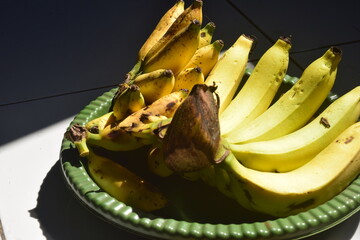 Two gold banana combs are placed in a green plastic container on the floor.