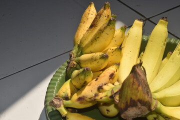 Two gold banana combs are placed in a green plastic container on the floor.