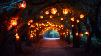 Obraz premium Enchanted Pathway with Illuminated Lanterns at Twilight