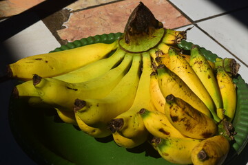 Two gold banana combs are placed in a green plastic container on the floor.
