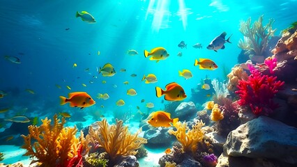 underwater colorful coral reef with fishes, sunlight from the top  
