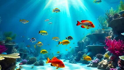 underwater colorful coral reef with fishes, sunlight from the top  