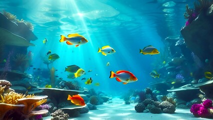 Fototapeta na wymiar underwater colorful coral reef with fishes, sunlight from the top 