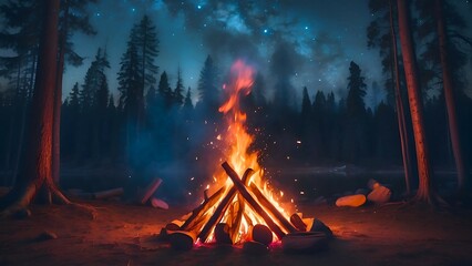 campfire in the forest, night sky with stares landscape background 