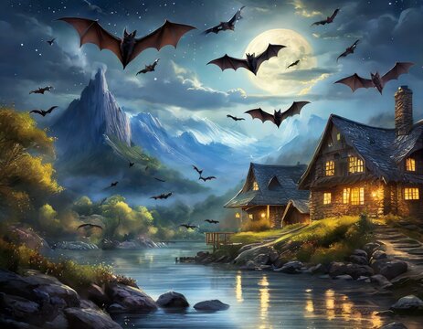 A nocturnal scene with bats flying against a moonlit sky