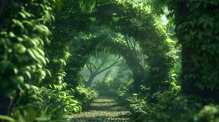 Enchanted Forest Pathway in Misty Morning Light - obrazy, fototapety, plakaty