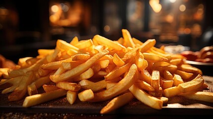 Delicious French fries, crunchy, salty, tasty, with blur background - obrazy, fototapety, plakaty