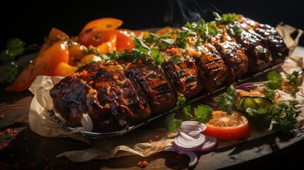 Delicious kebab full of meat and vegetables, black and blur background