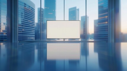 Template of empty white presentation screen at the head of the table in modern office meeting room, blue skyscraper outside the window; with strong aberrations and reflections, tilt-shift
