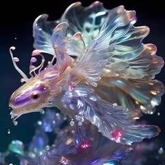 A mesmerizing creature resembling a mix between a jellyfish and a dragon, its translucent body emitting a kaleidoscope of shimmering colors. Generative AI