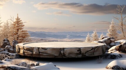 podium product stand or display with rock, snow, sky background and cinematic light