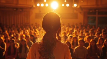 Portrait of girl in back stand in front of a large audience of people