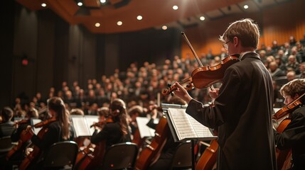 A boy playing violin in the orchestra performance