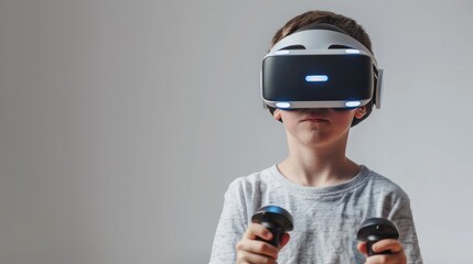 A boy playing video games using vr glasses isolated on white background