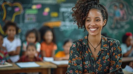 A black woman in a classroom looking happy and student on the background - obrazy, fototapety, plakaty