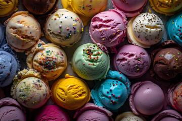 Assorted Scoops of Colorful Ice Cream , Colorful Collection of Ice Cream Flavors with Sprinkles