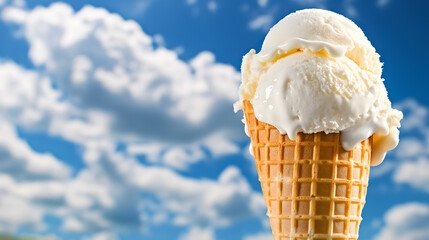 Melting Ice Cream Cone Against Blue Sky