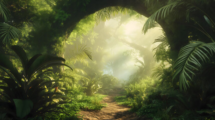 Sunlit Path Through a Dense Jungle
