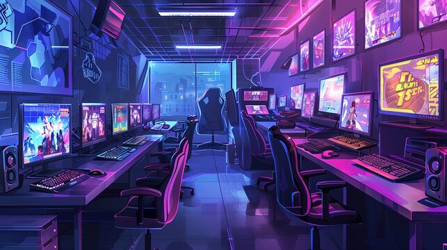 Internet cafe interior with modern computers. Video game tournament, generative ai