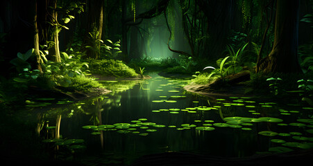 a swamp with lillies sits in front of some trees