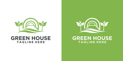 Fototapeta premium Greenhouse Leaf Logo Template Vector, Greenhouse logo design vector. House and leaf vector icon. Leaf Greenhouse Logo Template Vector