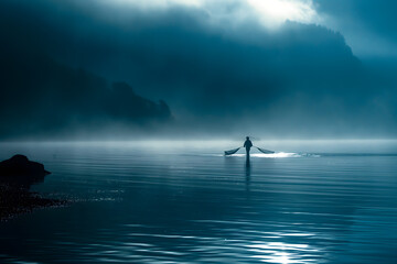 Solitary Rower in Misty Waters at Dawn