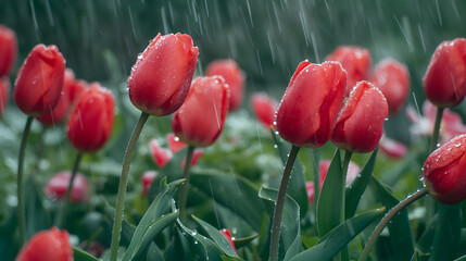 Rain-Kissed Red Tulips Glistening in the Garden