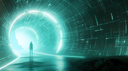 Silhouette at the Threshold of a Luminous Digital Tunnel