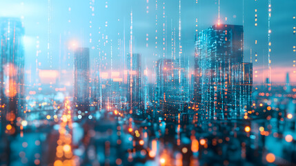 Digital Metropolis: A Glowing Cityscape Merging with Data Streams